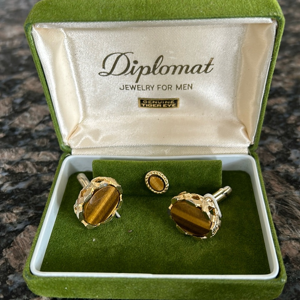 DIPLOMAT VINTAGE JEWELRY FIOR MEN GENUINE TIGER EYE CUFF LINK & TIE SET PIN NEW